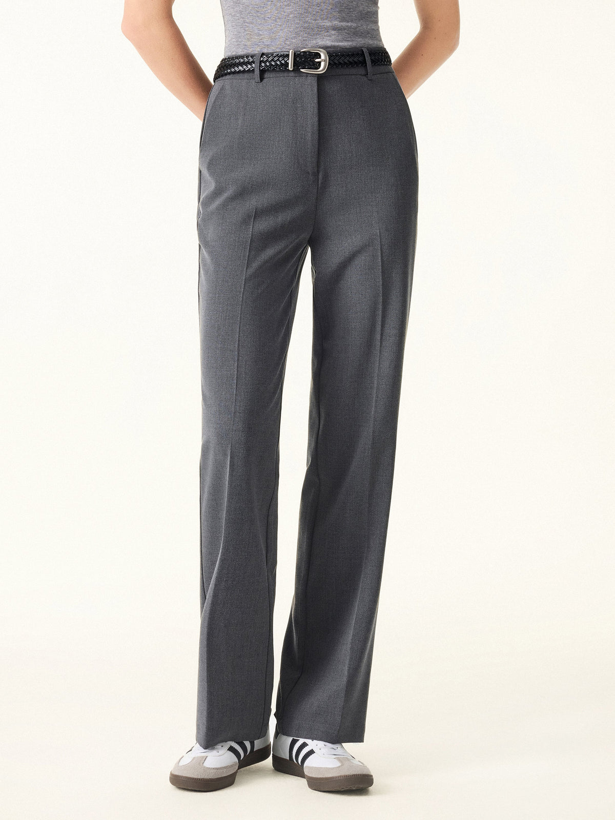 Mid Rise Straight Leg Creased Trousers with Pockets