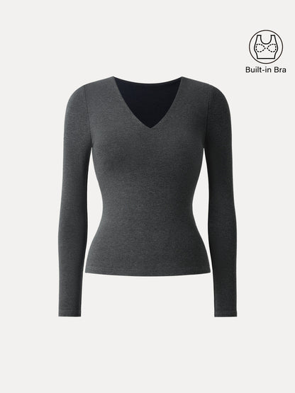 Stretch Cotton V-Neck Long Sleeve Brami Top