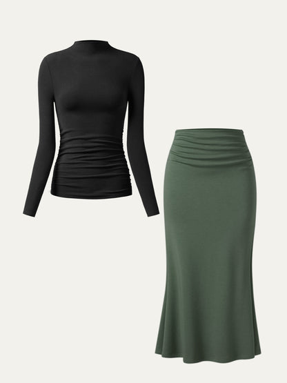 2Pcs Set Ruched Sides Mockneck Top & Mermaid Maxi Skirt