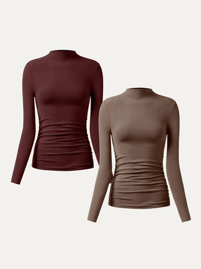 2Pcs Set Thermal Ruched Sides Tuckable Mockneck Top