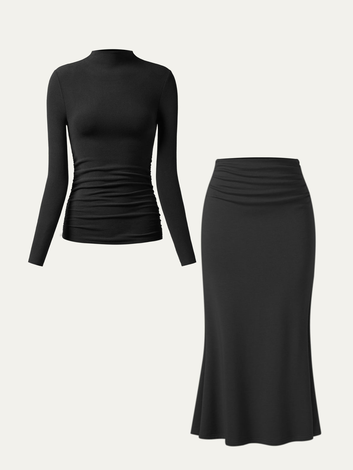 2Pcs Set Ruched Sides Mockneck Top & Mermaid Maxi Skirt