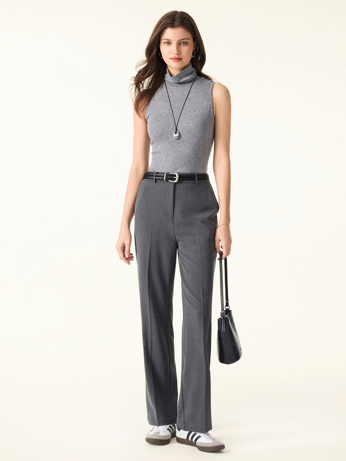 Mid Rise Straight Leg Creased Trousers with Pockets