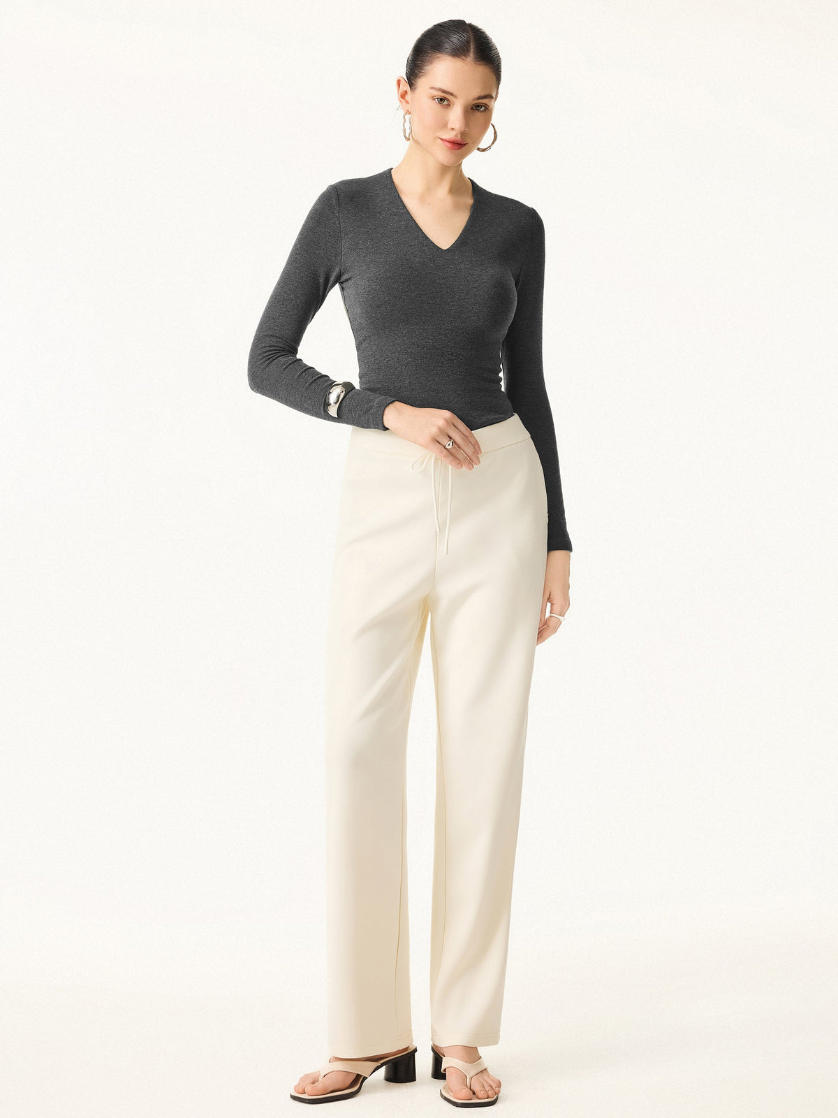 Stretch Cotton V-Neck Long Sleeve Brami Top