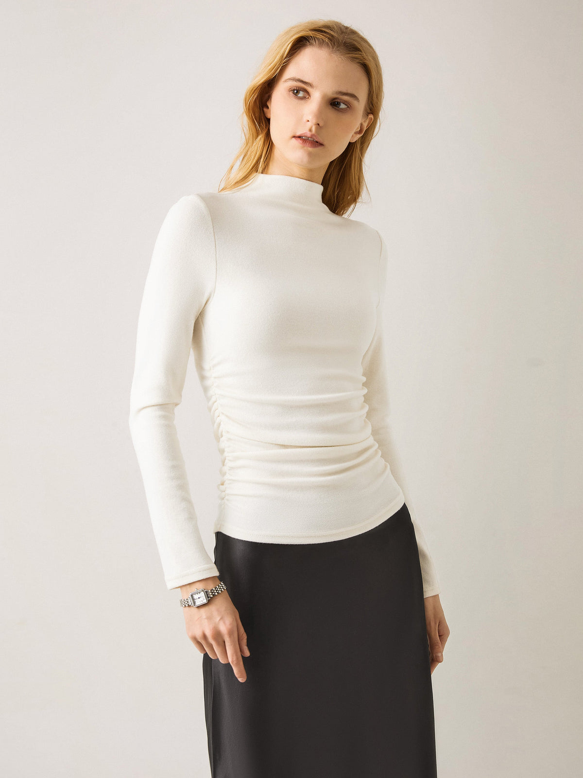 2Pcs Set Ruched Sides Mockneck Top & Mermaid Maxi Skirt