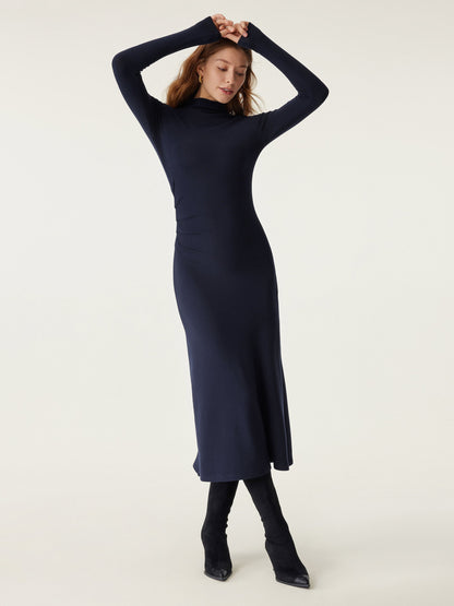 ProWarm Long Sleeves Mockneck Tucks Midi Dress