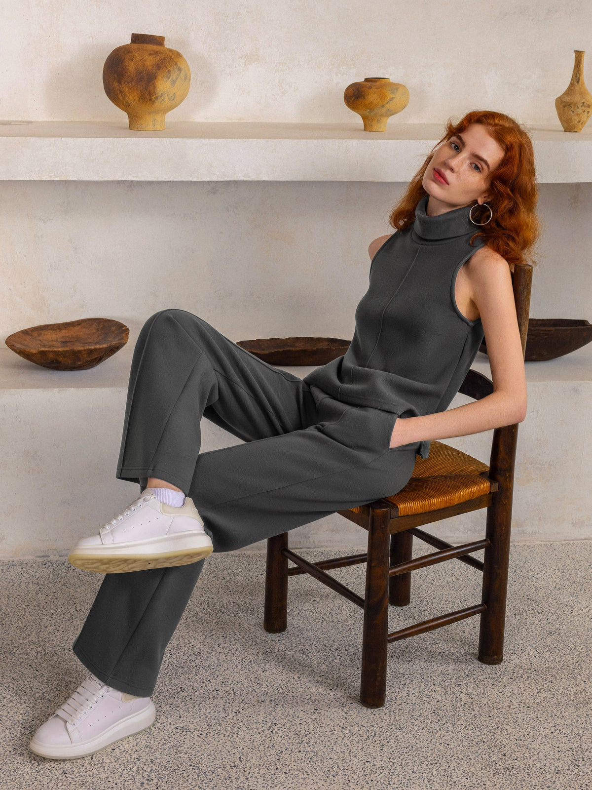 2Pcs Set Split Hem Top & High Waisted Straight Leg Pant