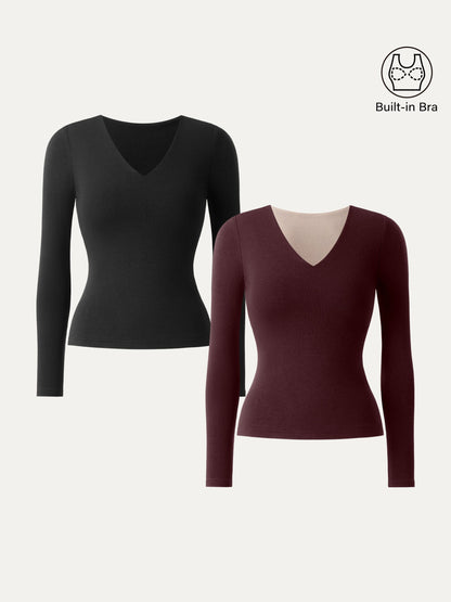 Stretch Cotton V-Neck Long Sleeve Brami Top