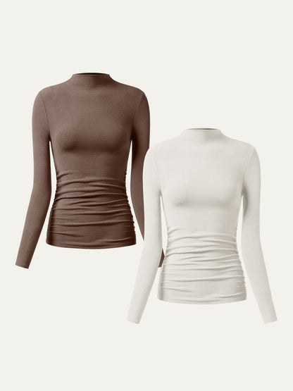 2Pcs Set Thermal Ruched Sides Tuckable Mockneck Top