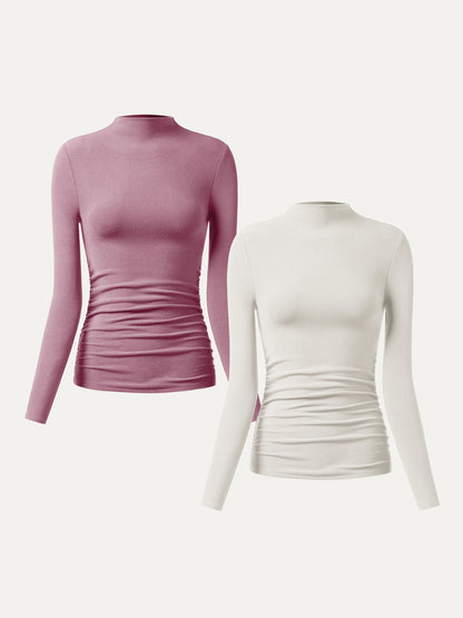 2Pcs Set Thermal Ruched Sides Tuckable Mockneck Top