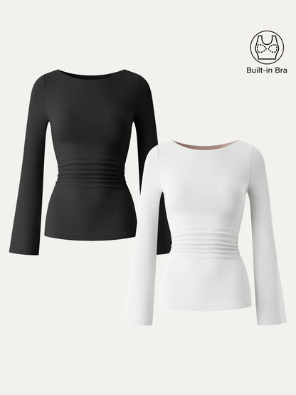Boatneck Bell Sleeves Ruched Brami Top