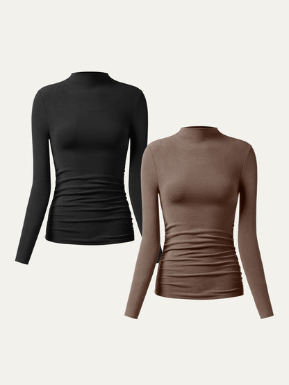 2Pcs Set Thermal Ruched Sides Tuckable Mockneck Top