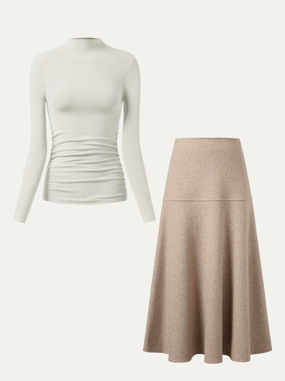 2Pcs Set Ruched Sides Tuckable Mockneck Top & Flared Maxi Skirt