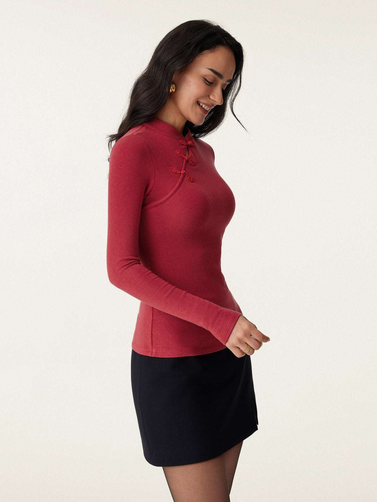 Mandarin Collar Asymmetric Frog Button Brami Top