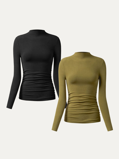 2Pcs Set Thermal Ruched Sides Tuckable Mockneck Top