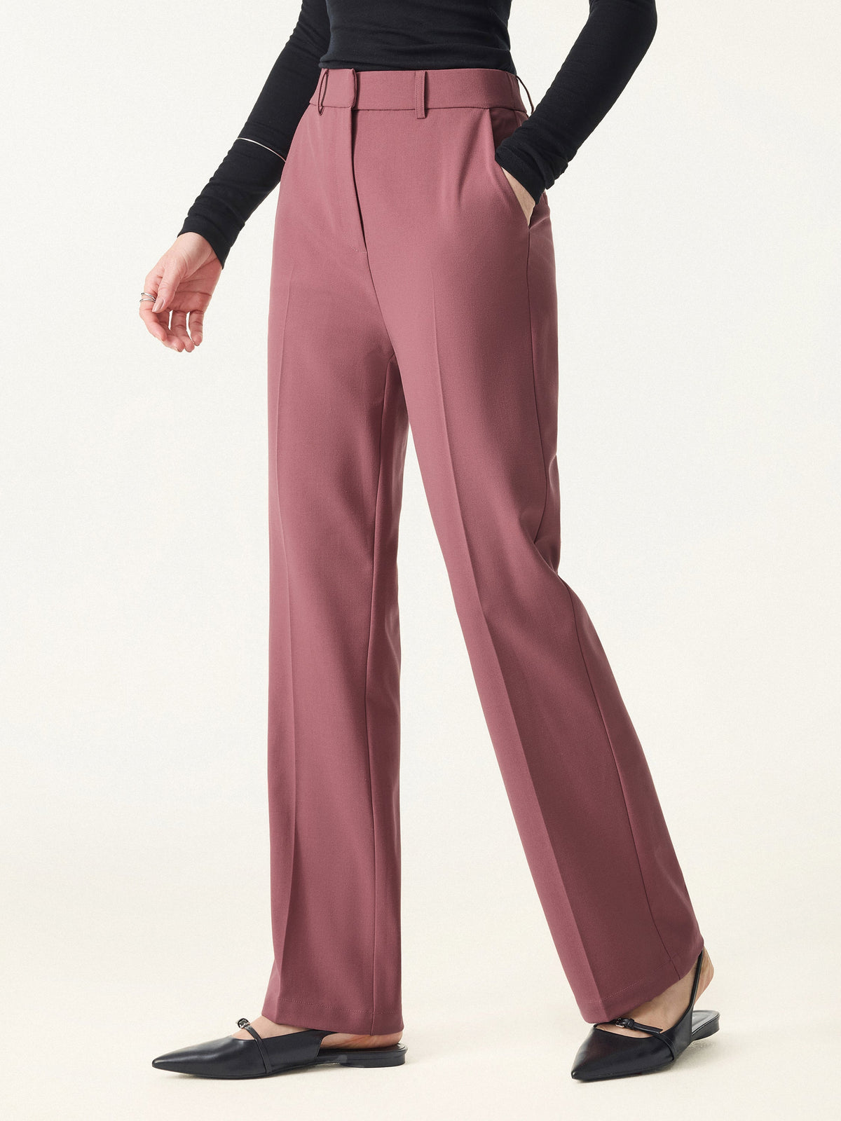 Mid Rise Straight Leg Creased Trousers with Pockets