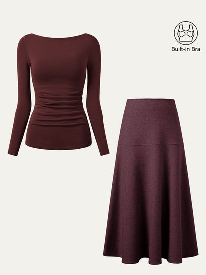 2Pcs Set Boatneck Tucks Brami Top & Flared Maxi Skirt