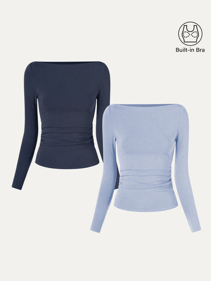 2Pcs Set Modern Side Ruched Boatneck Brami Top