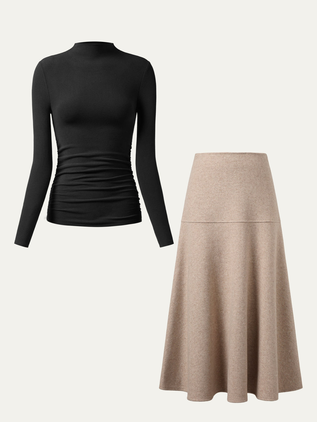 2Pcs Set Ruched Sides Tuckable Mockneck Top & Flared Maxi Skirt