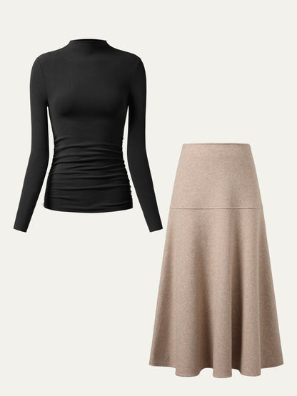 2Pcs Set Ruched Sides Tuckable Mockneck Top & Flared Maxi Skirt