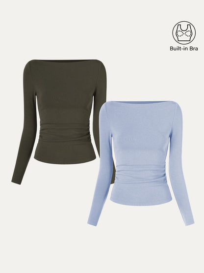 2Pcs Set Modern Side Ruched Boatneck Brami Top