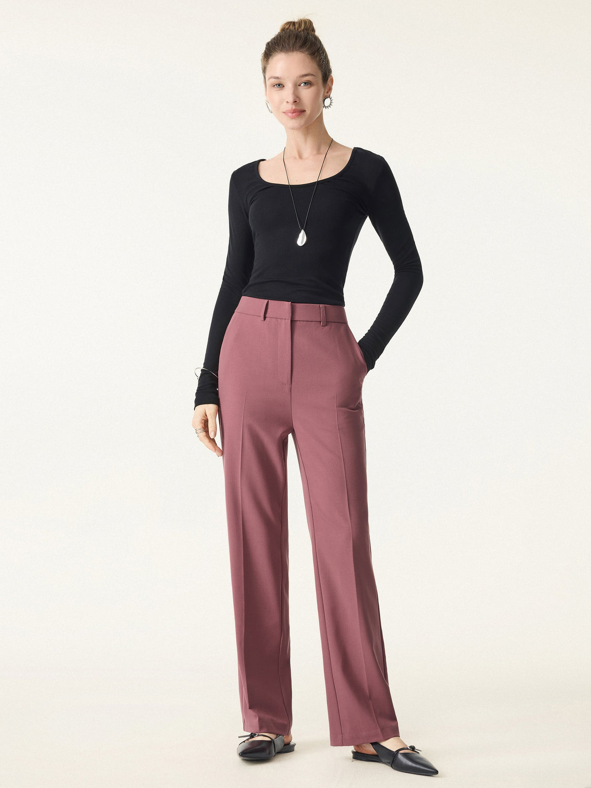 Mid Rise Straight Leg Creased Trousers with Pockets