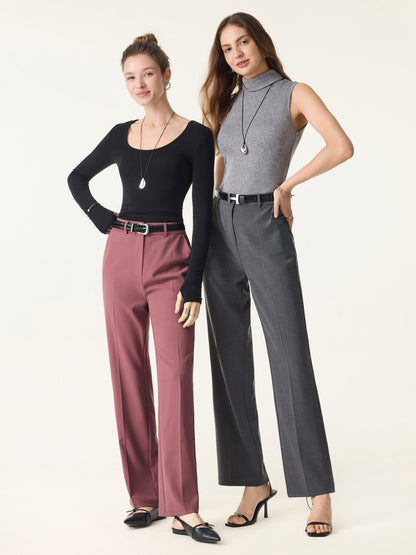Mid Rise Straight Leg Creased Trousers with Pockets